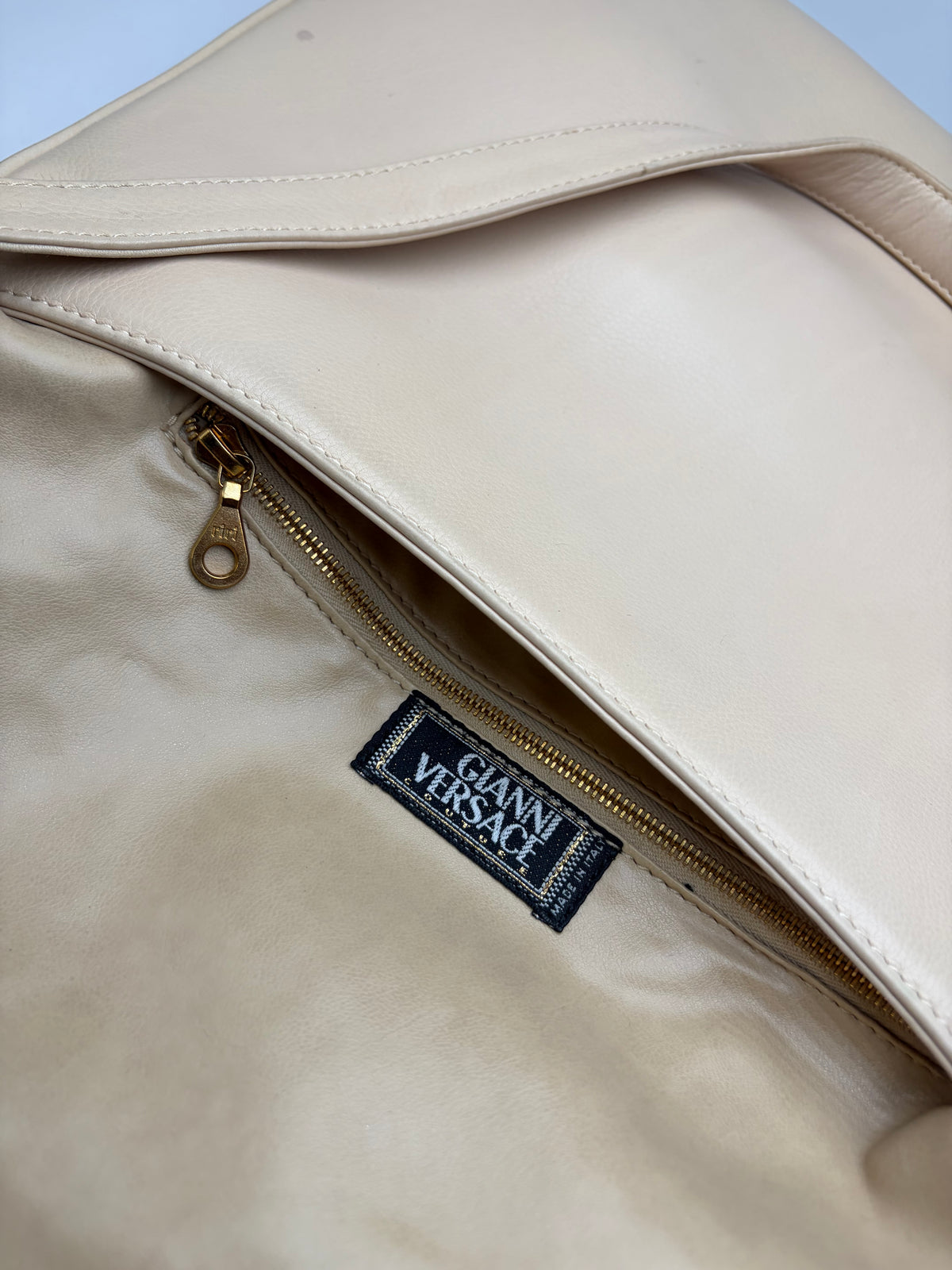 Vintage Versace Pebbled Leather Shoulder Bag Mid-1990s Beige