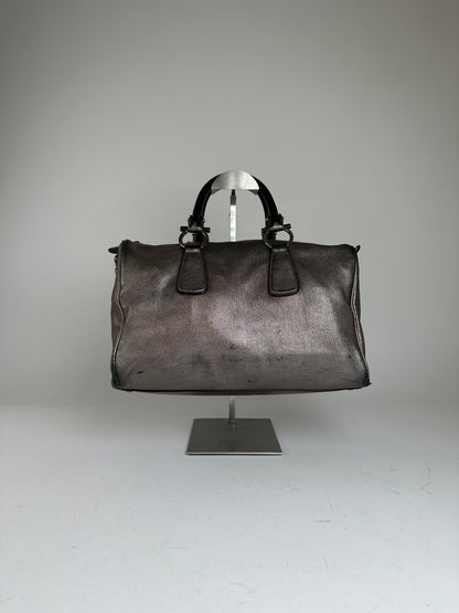 Vintage Salvatore Ferragamo Gancini Leather Bowling Bag Anthracite