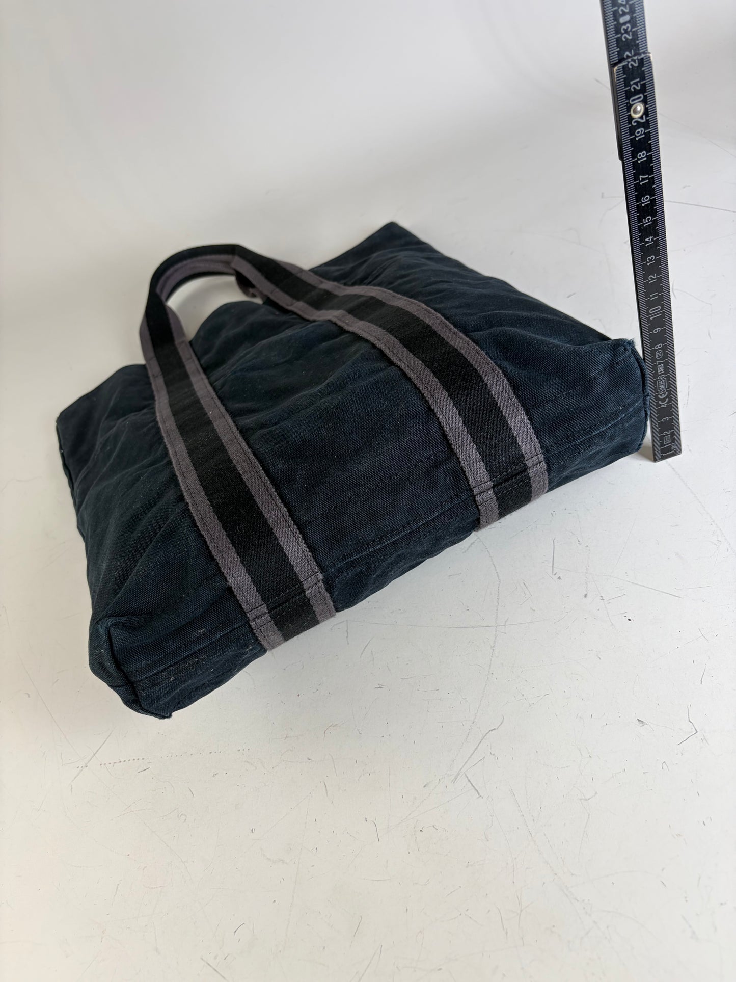 Vintage Hermes Cabas Tote Bag Dark Blue Grey Striped Cotton