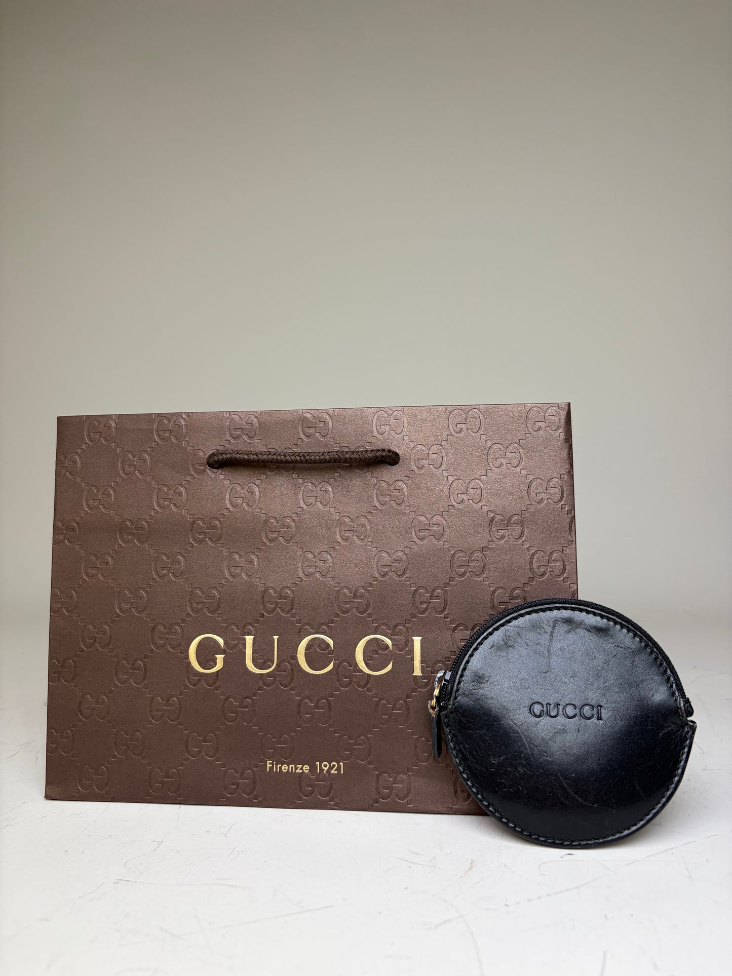 Vintage Gucci Leather Coin Purse Black Gold-tone Zip