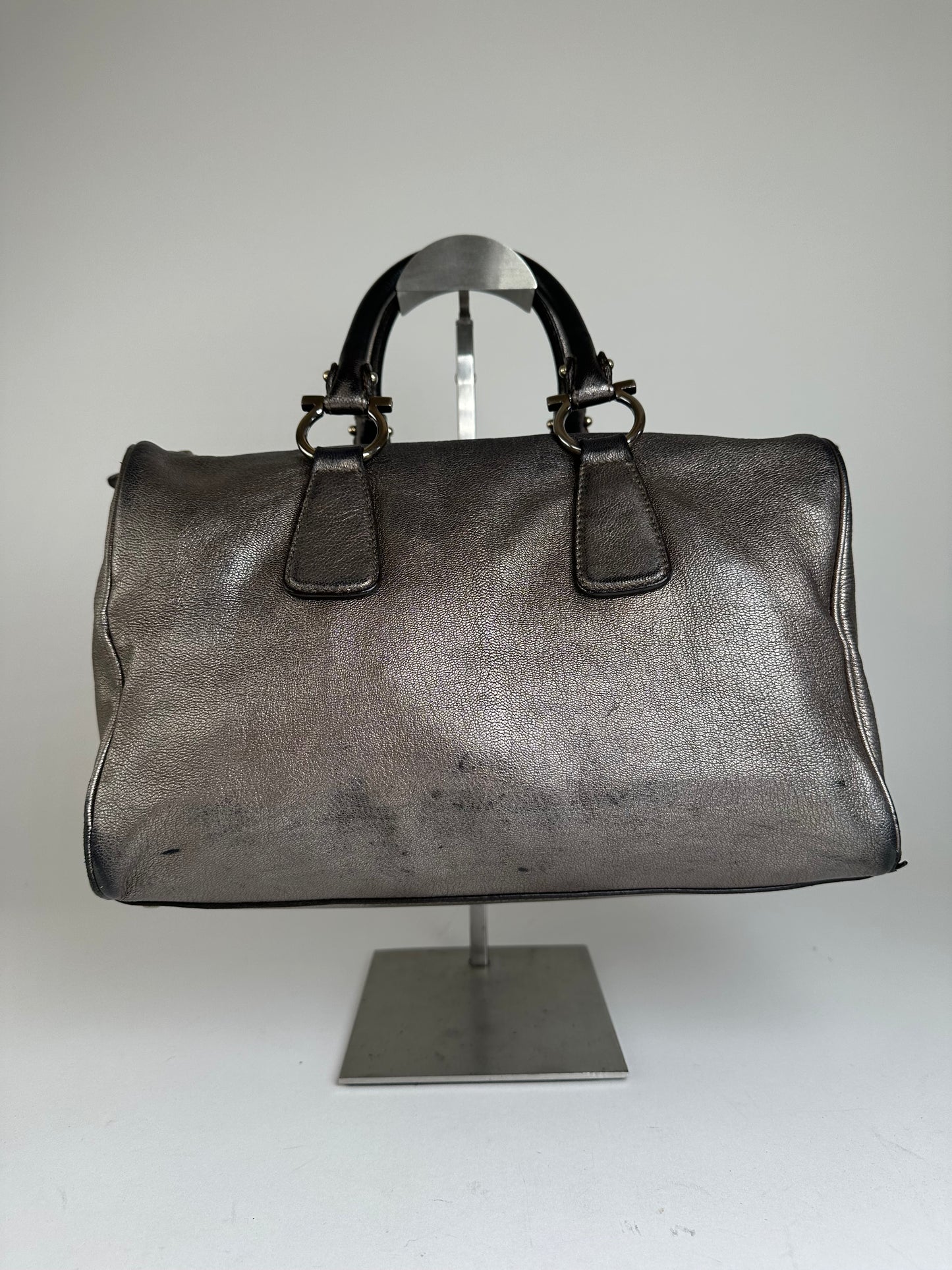 Vintage Salvatore Ferragamo Gancini Leather Bowling Bag Anthracite