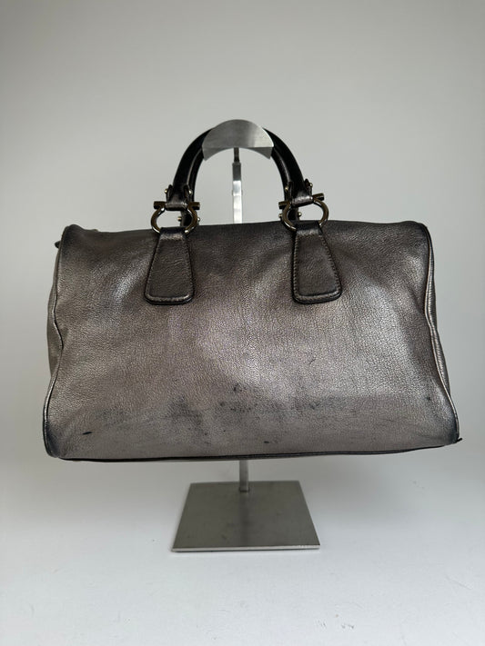 Vintage Salvatore Ferragamo Gancini Leather Bowling Bag Anthracite