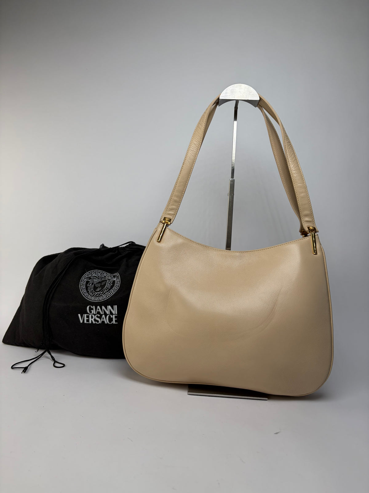 Vintage Versace Pebbled Leather Shoulder Bag Mid-1990s Beige