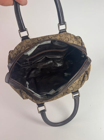 Vintage Celine Paris macadam monogram canvas leather bag black kamel