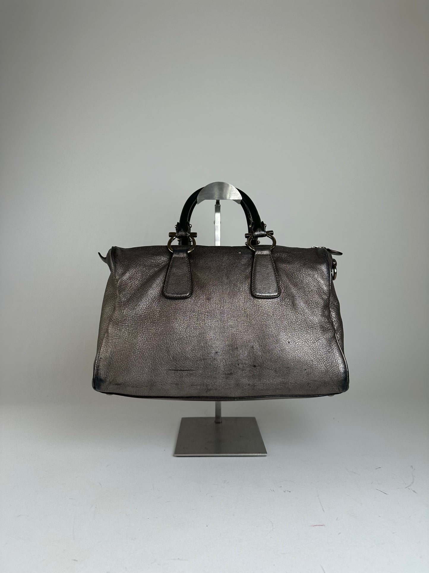 Vintage Salvatore Ferragamo Gancini Leather Bowling Bag Anthracite
