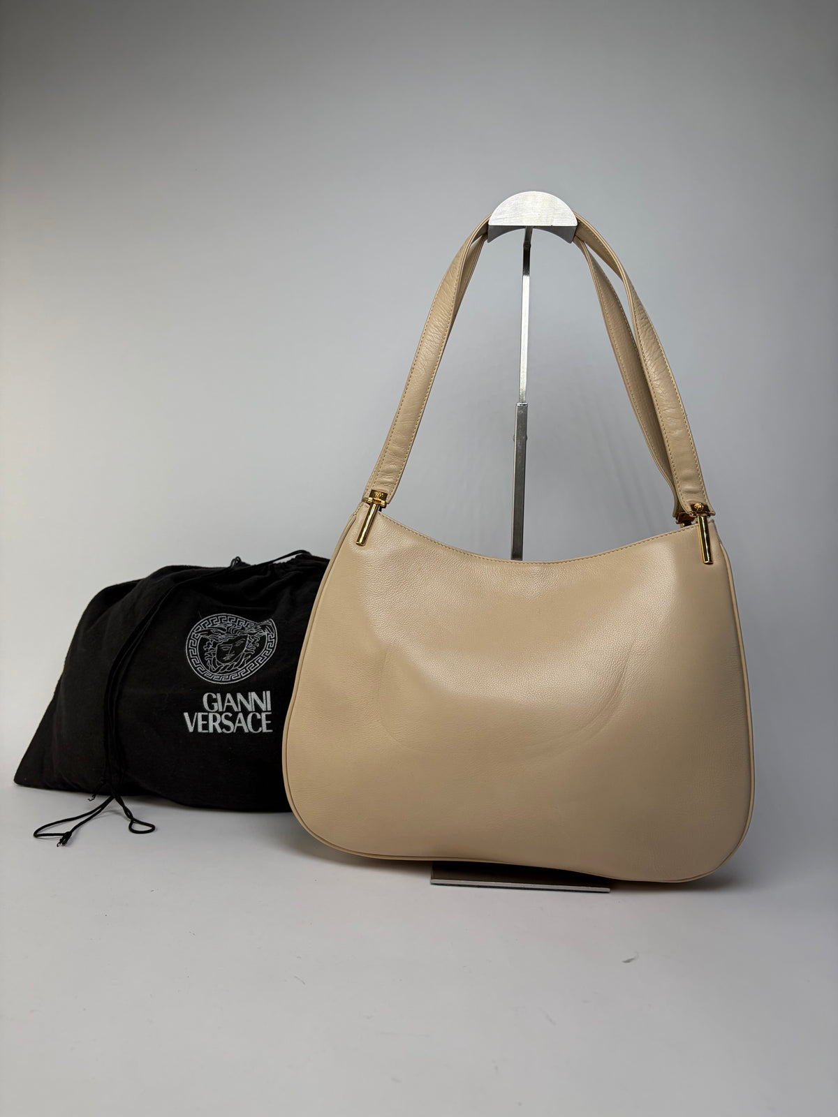 Vintage Versace Pebbled Leather Shoulder Bag Mid-1990s Beige
