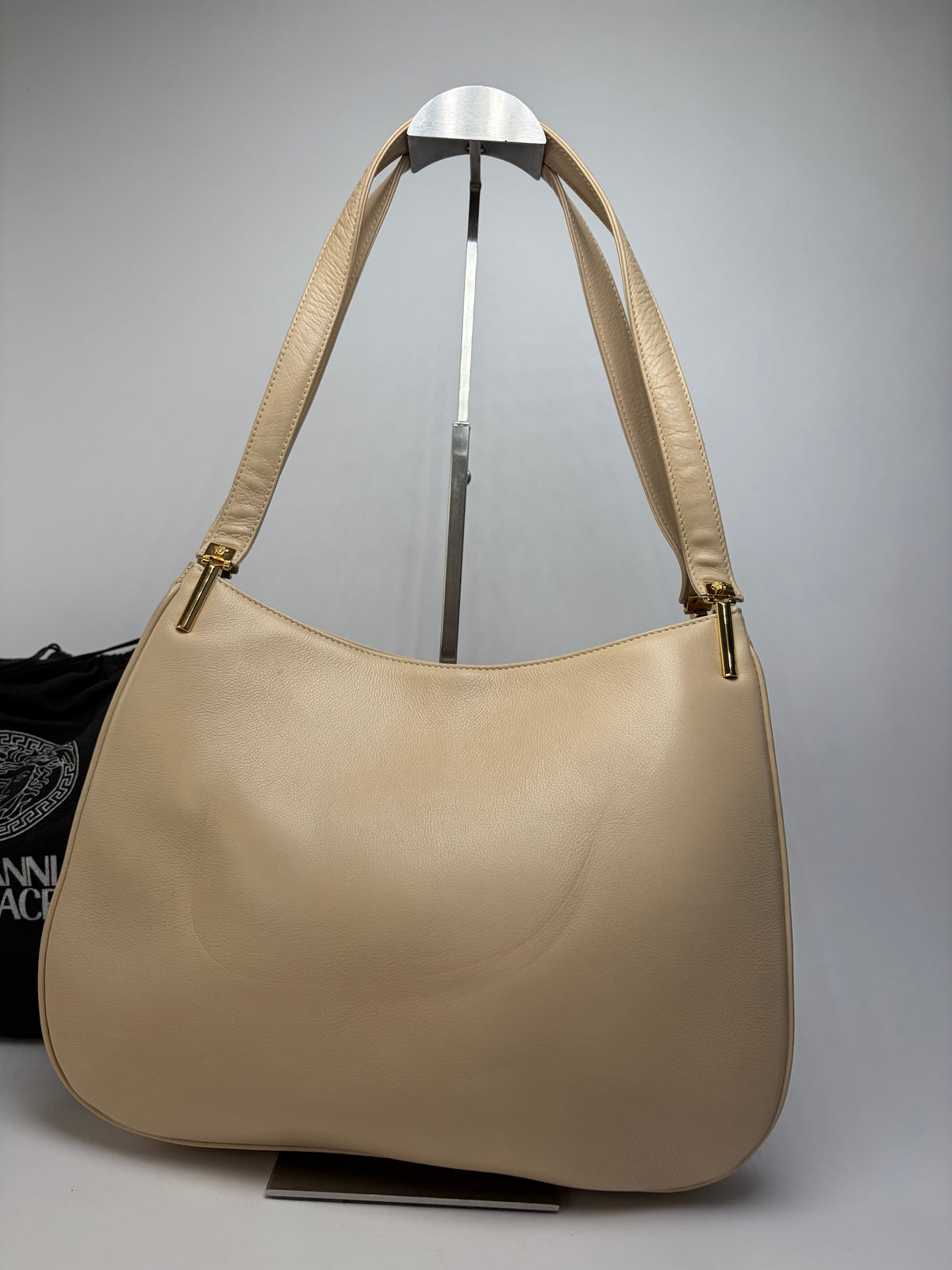Vintage Versace Pebbled Leather Shoulder Bag Mid-1990s Beige