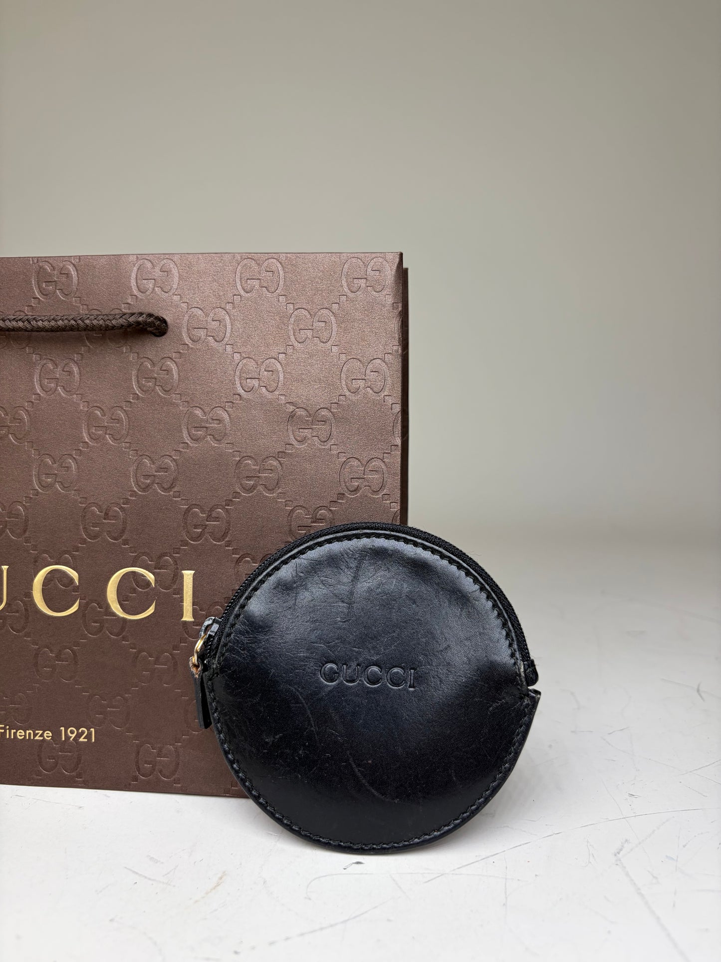 Vintage Gucci Leather Coin Purse Black Gold-tone Zip