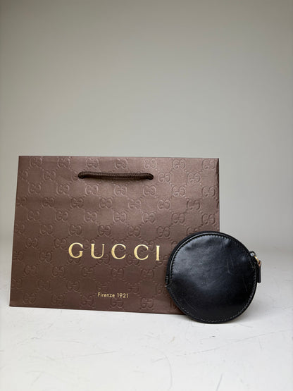 Vintage Gucci Leather Coin Purse Black Gold-tone Zip