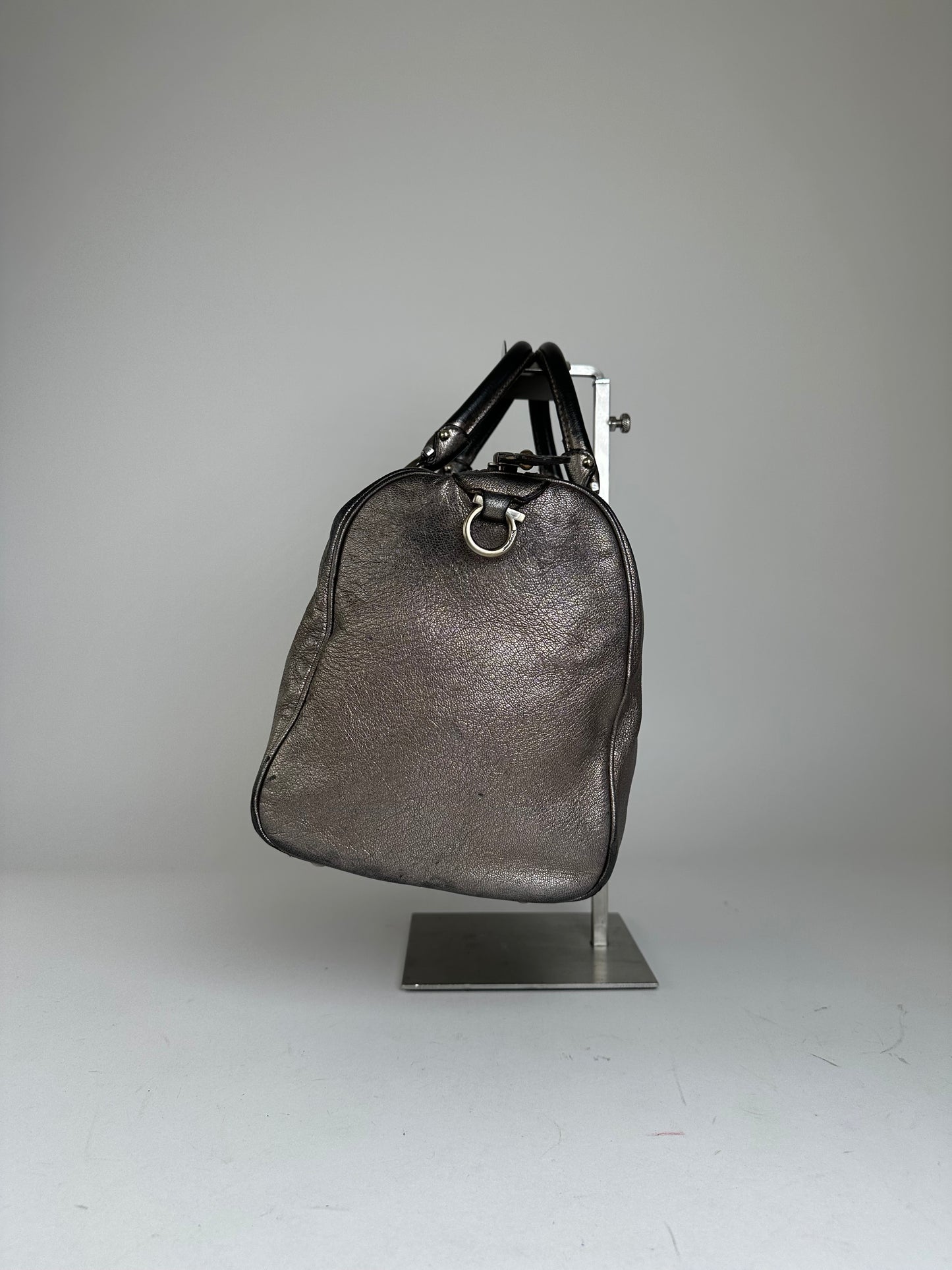 Vintage Salvatore Ferragamo Gancini Leather Bowling Bag Anthracite