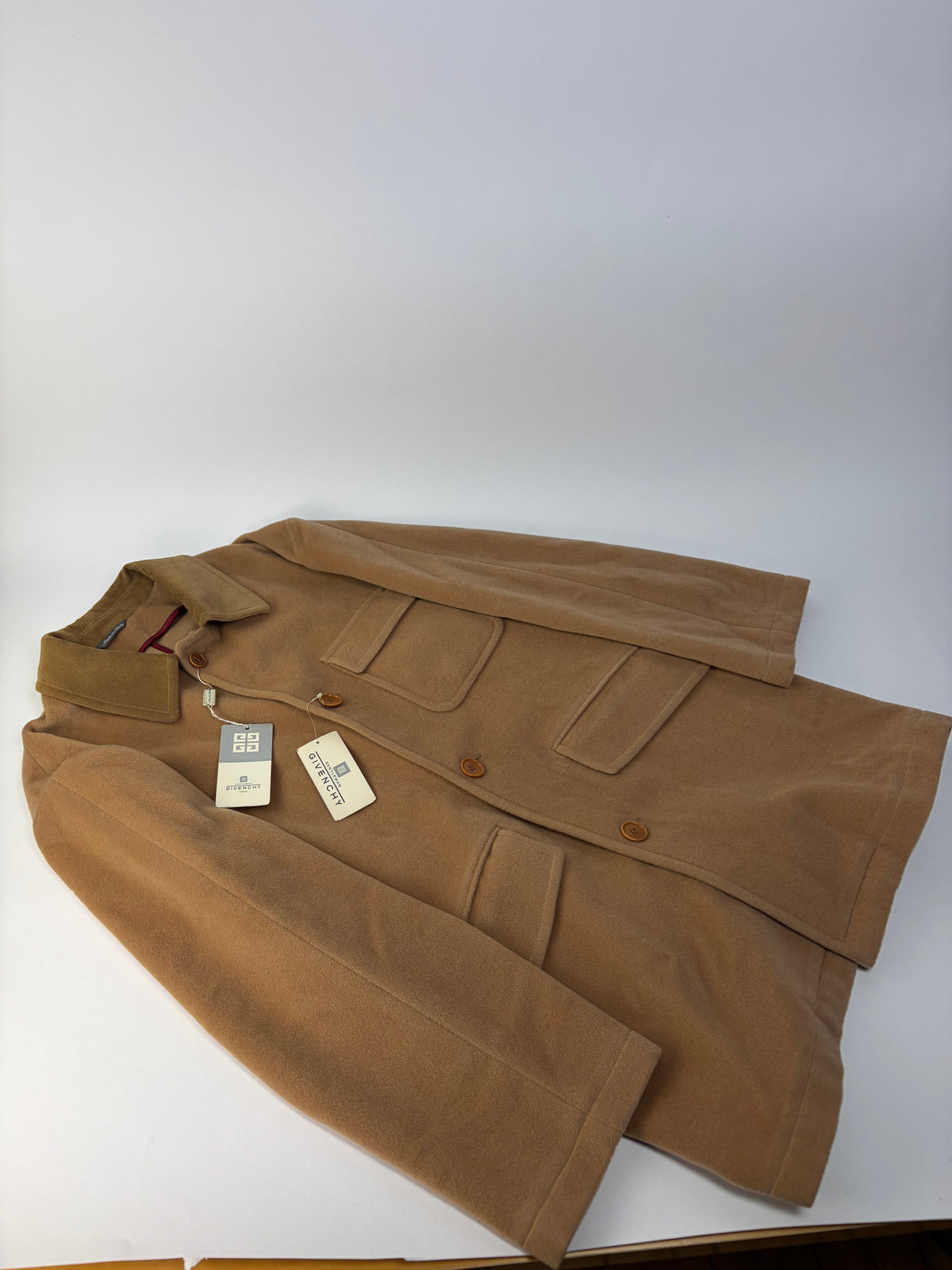 Vintage Givenchy Men's Wool Cashmere Overcoat c. Late 1980s Tan L