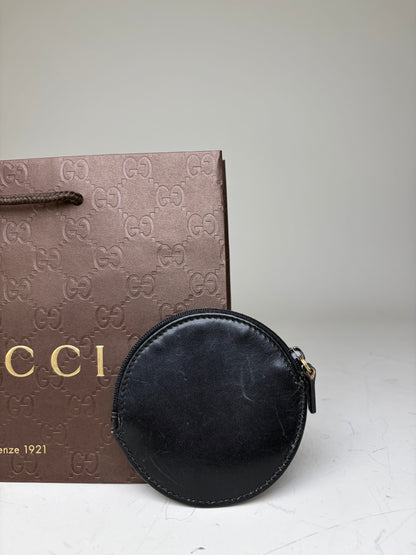 Vintage Gucci Leather Coin Purse Black Gold-tone Zip