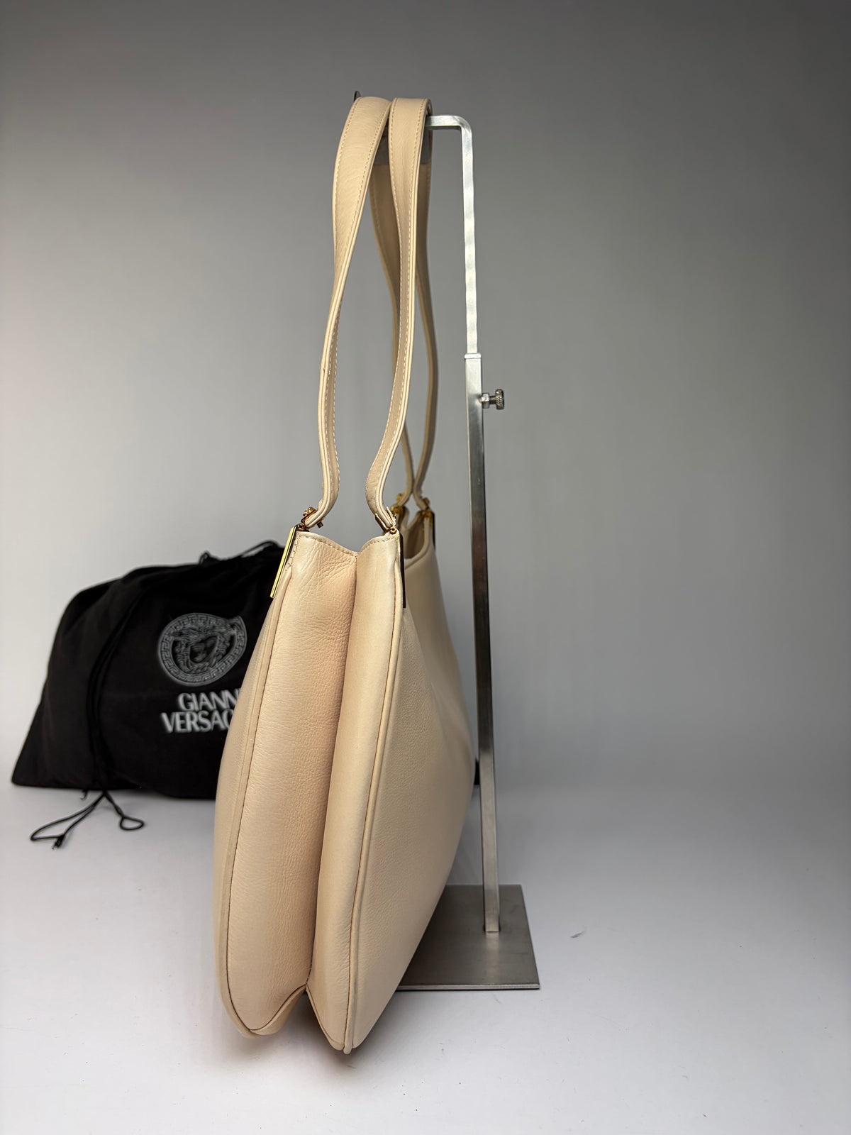Vintage Versace Pebbled Leather Shoulder Bag Mid-1990s Beige