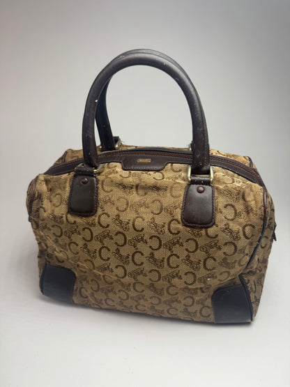 Vintage Celine Paris macadam monogram canvas leather bag black kamel