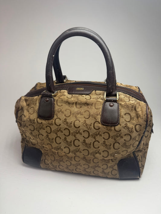 Vintage Celine Paris macadam monogram canvas leather bag black kamel