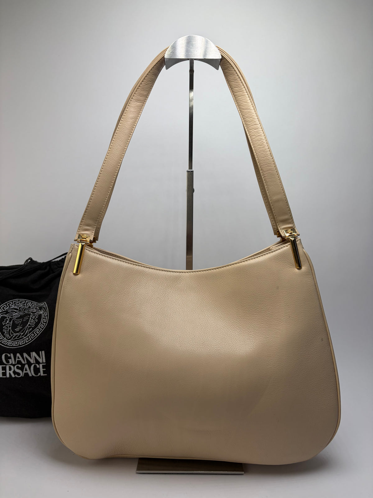Vintage Versace Pebbled Leather Shoulder Bag Mid-1990s Beige