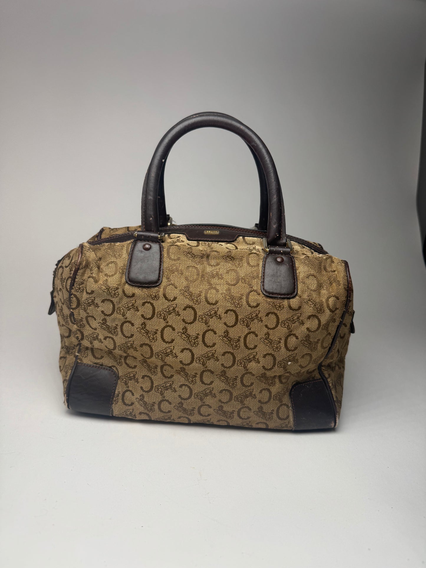 Vintage Celine Paris macadam monogram canvas leather bag black kamel