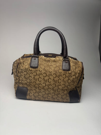 Vintage Celine Paris macadam monogram canvas leather bag black kamel