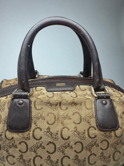 Vintage Celine Paris macadam monogram canvas leather bag black kamel