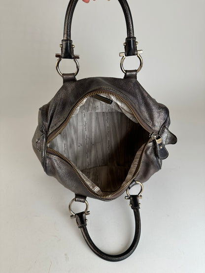 Vintage Salvatore Ferragamo Gancini Leather Bowling Bag Anthracite