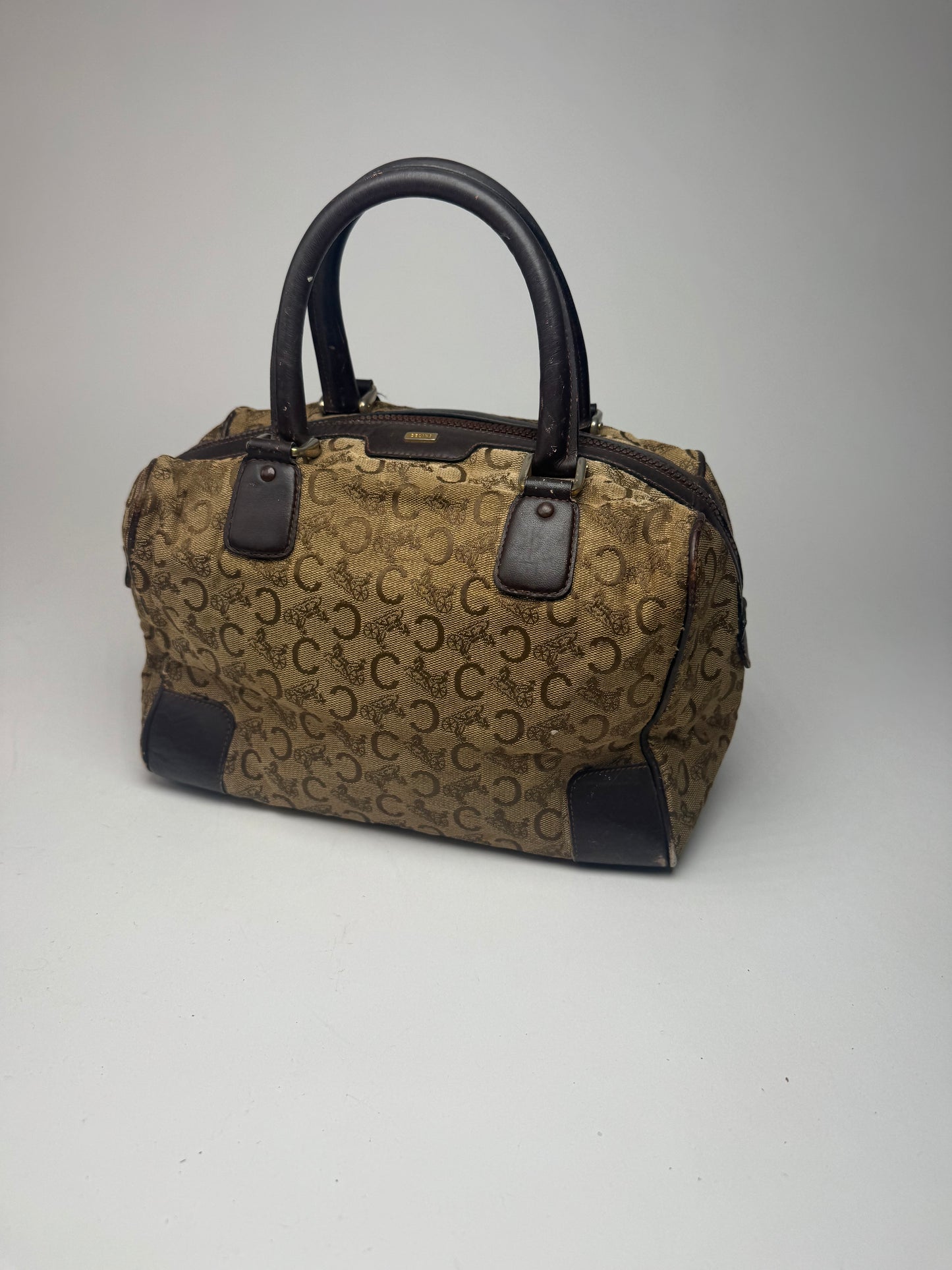 Vintage Celine Paris macadam monogram canvas leather bag black kamel