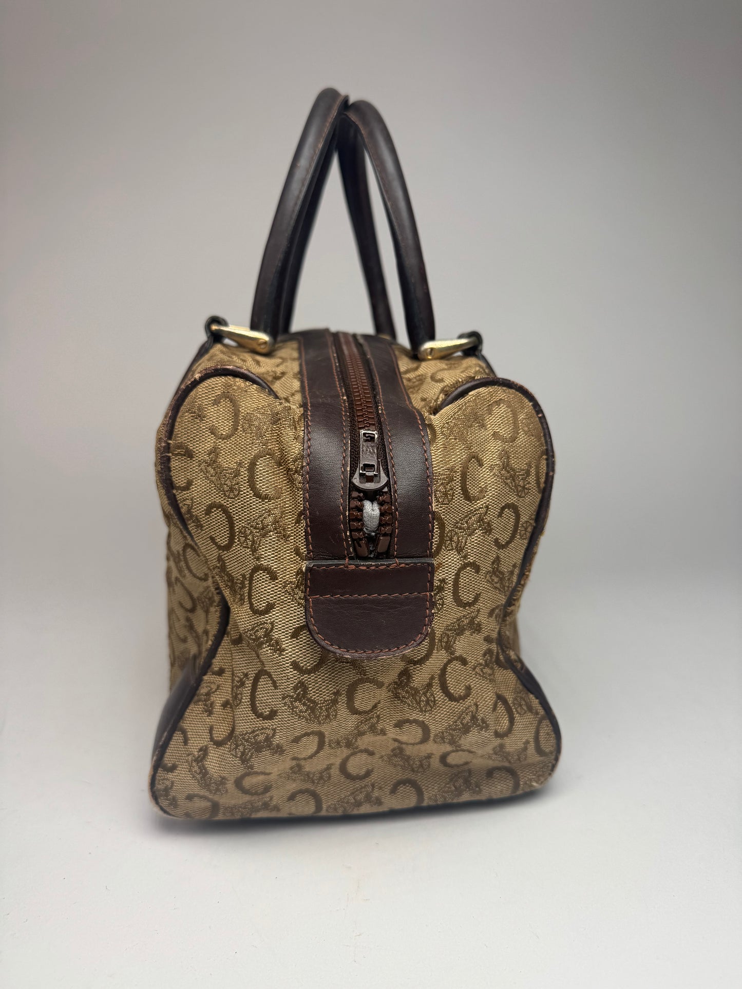 Vintage Celine Paris macadam monogram canvas leather bag black kamel