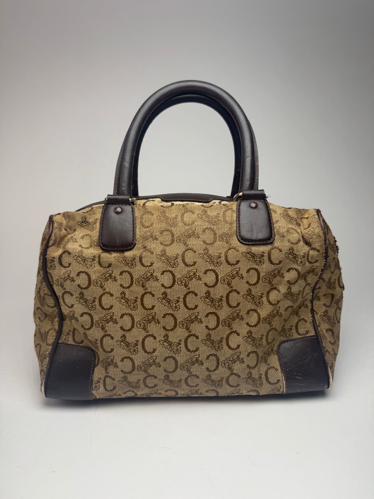 Vintage Celine Paris macadam monogram canvas leather bag black kamel