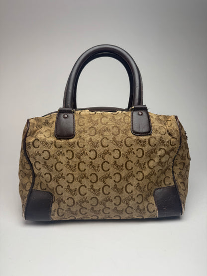 Vintage Celine Paris macadam monogram canvas leather bag black kamel