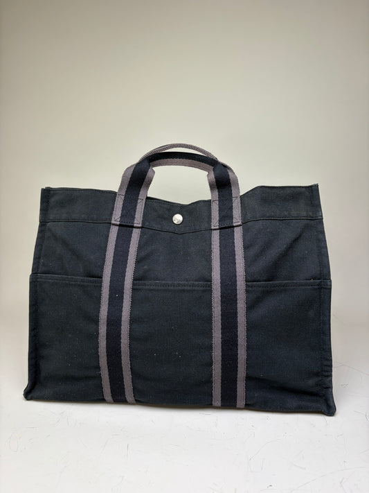 Vintage Hermes Canvas Tote Black Grey Silver