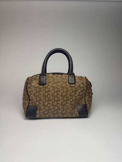 Vintage Celine Paris macadam monogram canvas leather bag black kamel