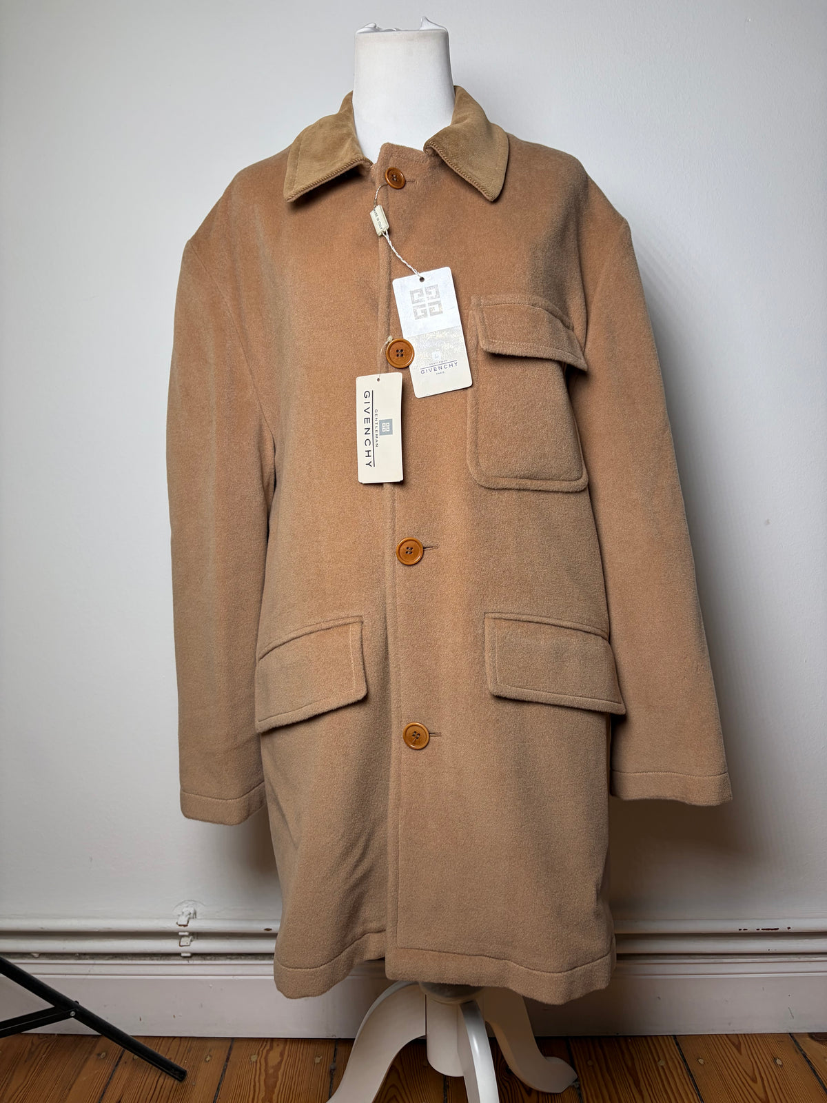 Vintage Givenchy Men's Wool Cashmere Overcoat c. Late 1980s Tan L