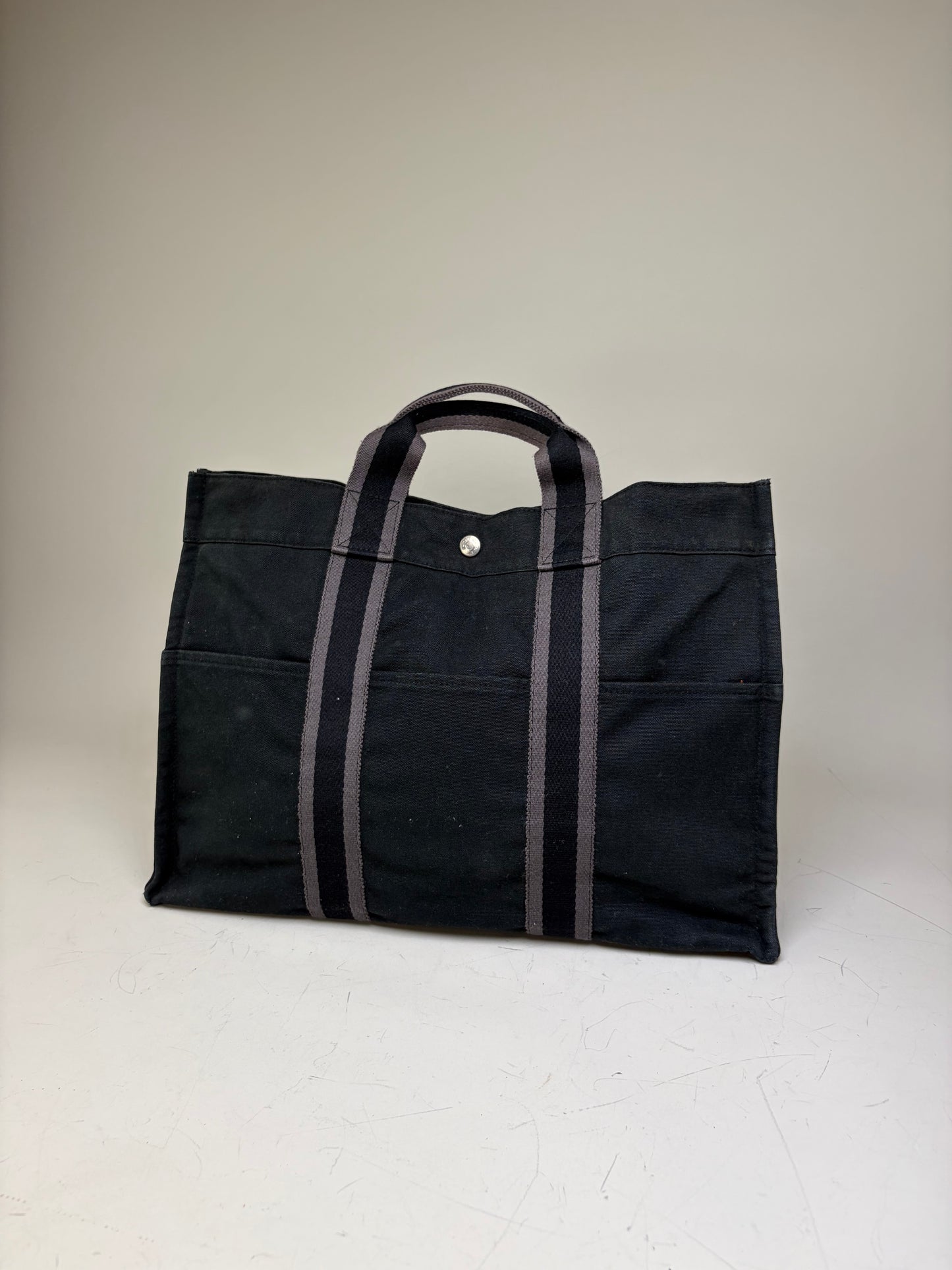 Vintage Hermes Canvas Tote Black Grey Silver