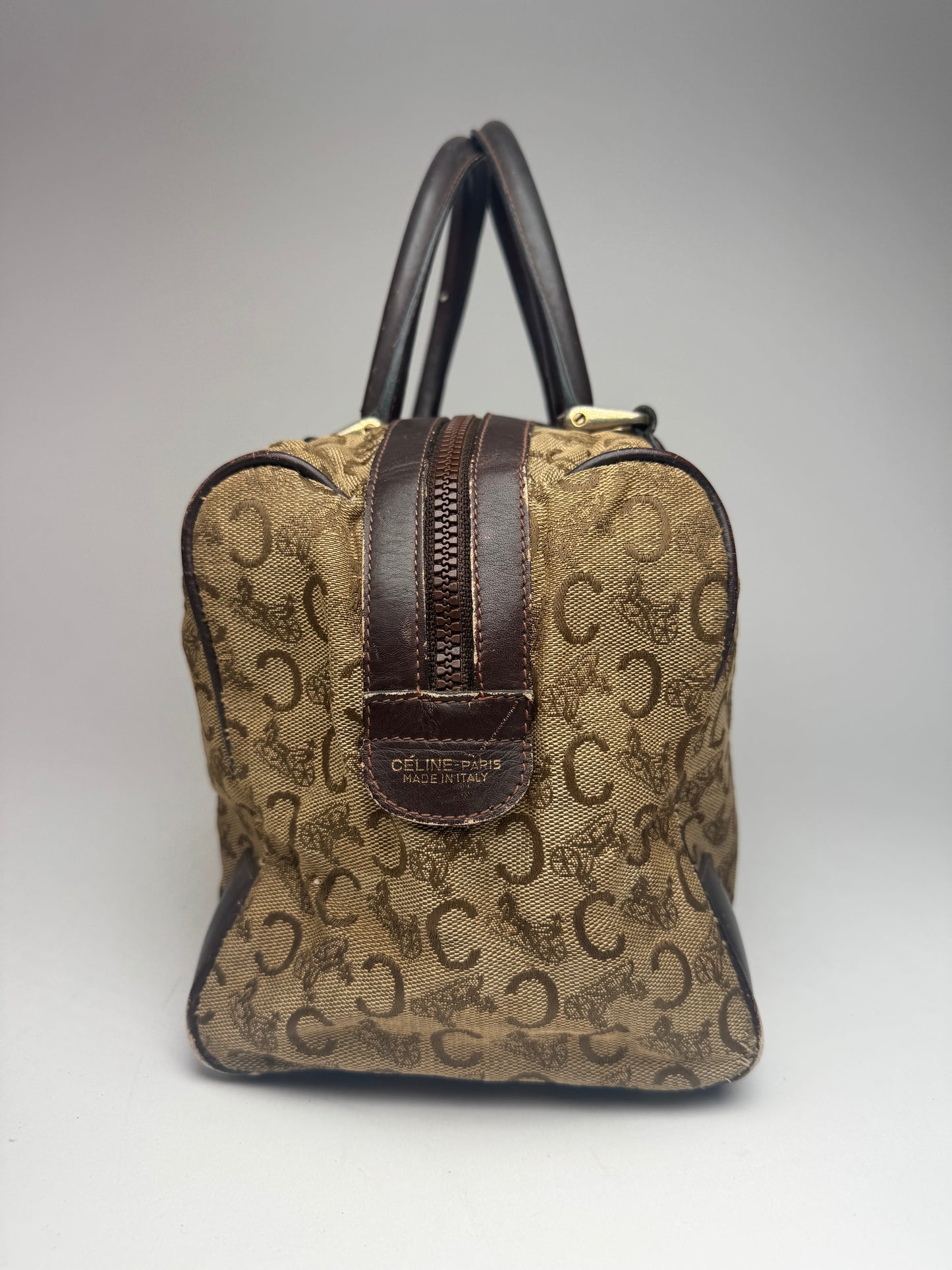 Vintage Celine Paris macadam monogram canvas leather bag black kamel