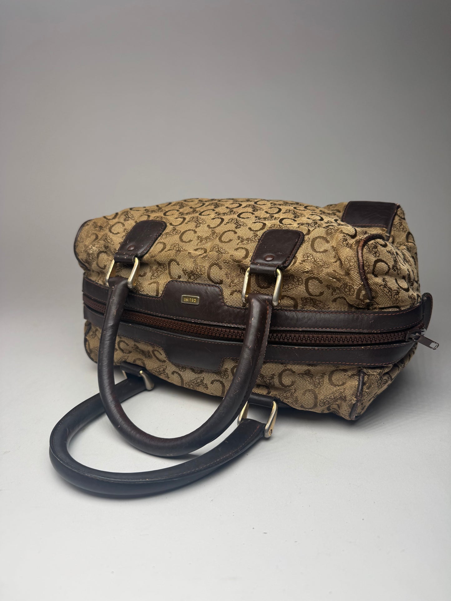 Vintage Celine Paris macadam monogram canvas leather bag black kamel