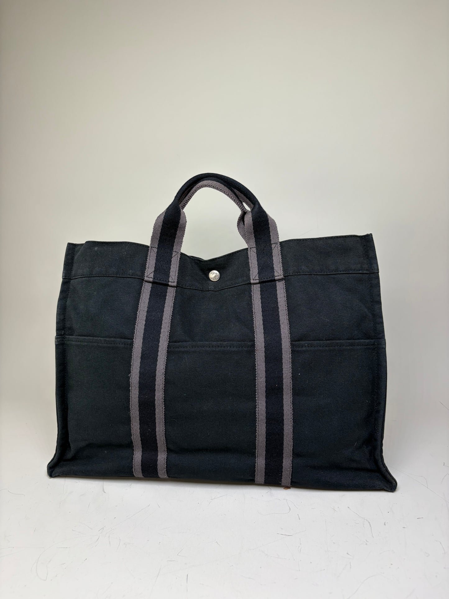 Vintage Hermes Canvas Tote Black Grey Silver
