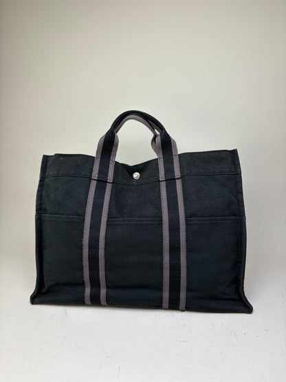 Vintage Hermes Canvas Tote Black Grey Silver