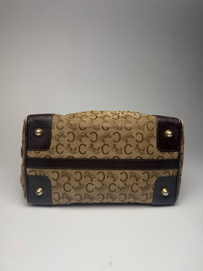 Vintage Celine Paris macadam monogram canvas leather bag black kamel