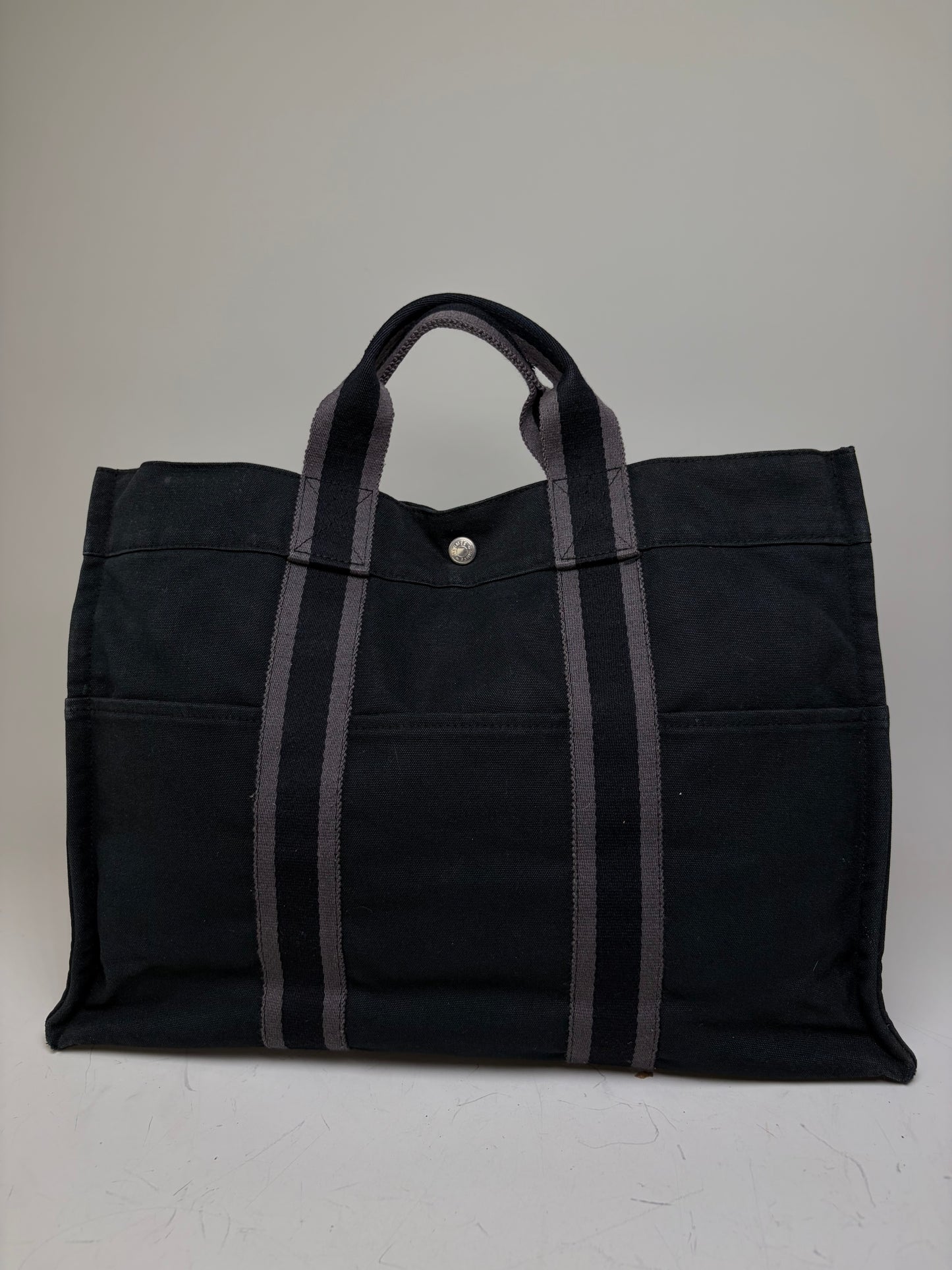 Vintage Hermes Canvas Tote Black Grey Silver