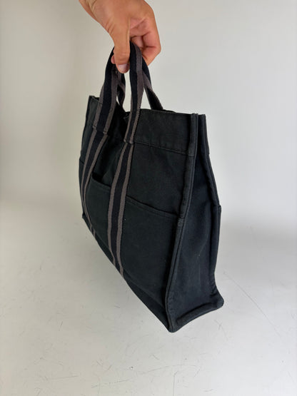 Vintage Hermes Canvas Tote Black Grey Silver
