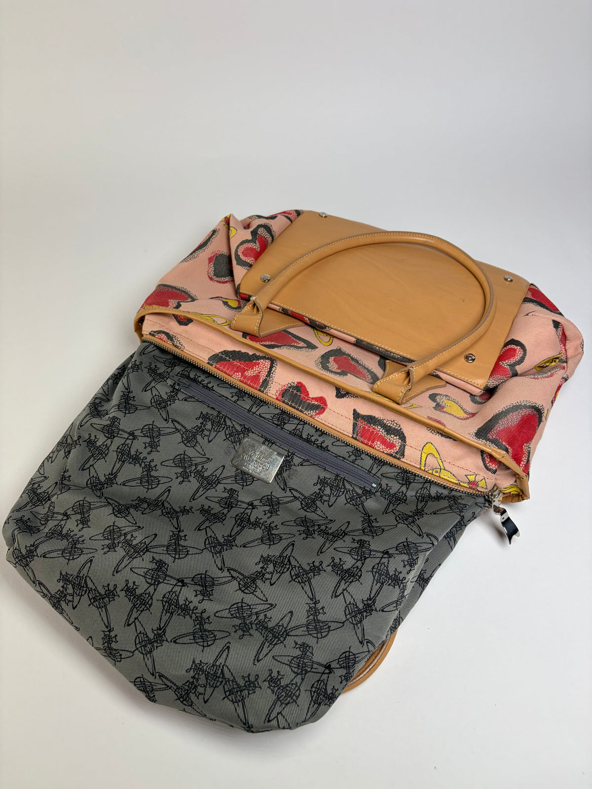 Vintage Vivienne Westwood Heart Print Canvas Tote Pink Red