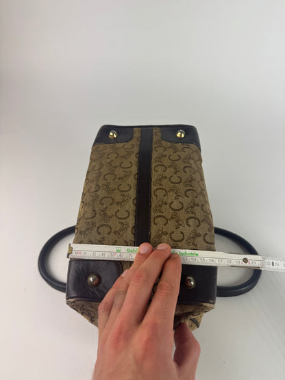 Vintage Celine Paris macadam monogram canvas leather bag black kamel