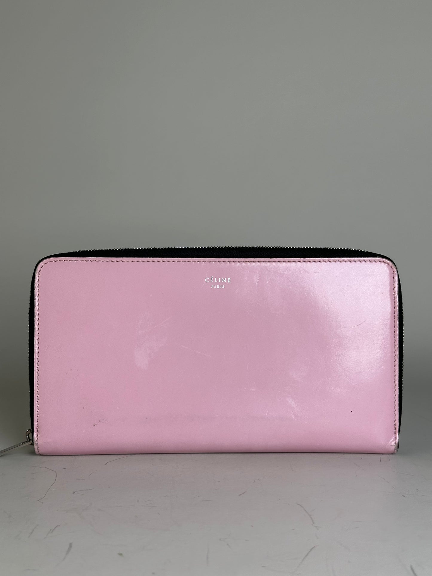 Vintage Celine Grained Leather Wallet Pink Silver