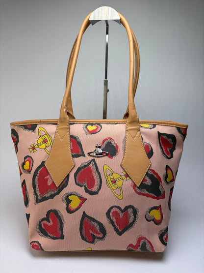 Vintage Vivienne Westwood Heart Print Canvas Tote Pink Red