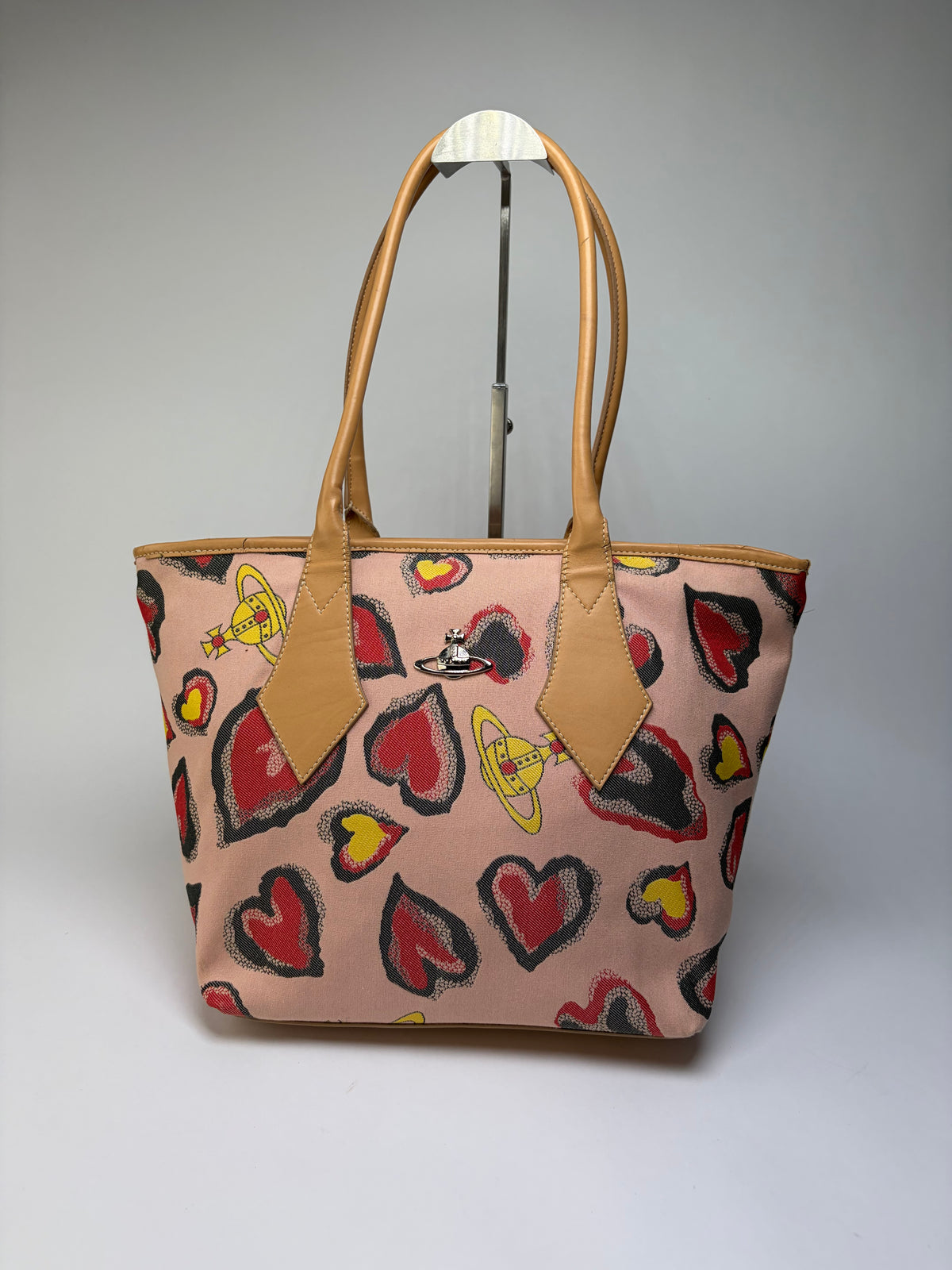 Vintage Vivienne Westwood Heart Print Canvas Tote Pink Red