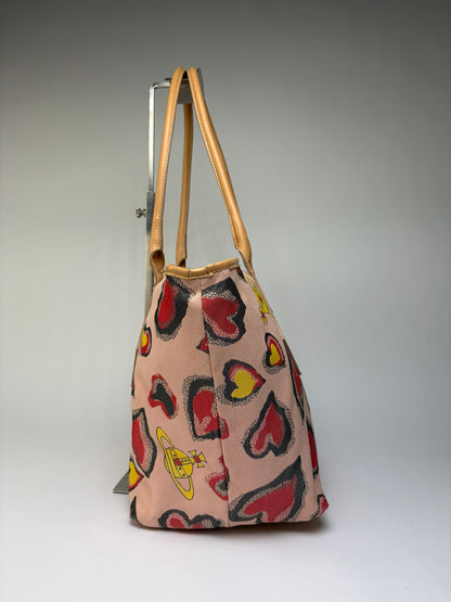 Vintage Vivienne Westwood Heart Print Canvas Tote Pink Red