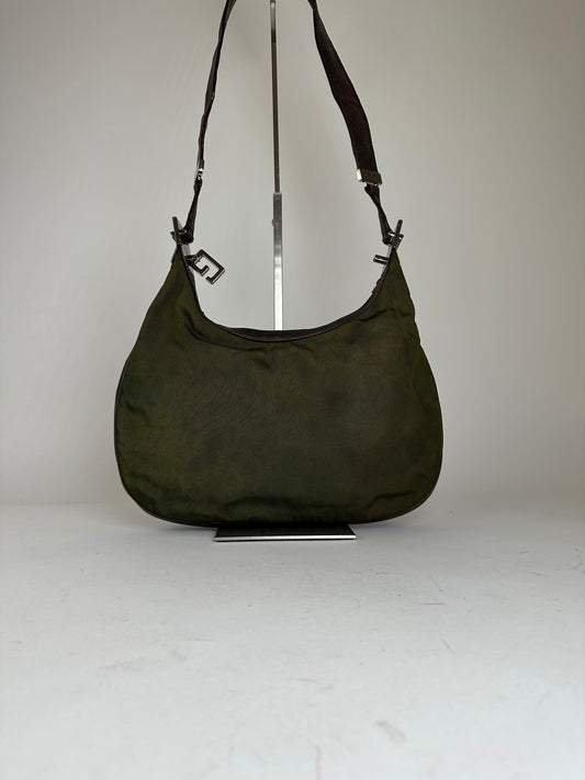 Vintage Gucci Canvas Leather Hobo Shoulder Bag Olive Green Brown