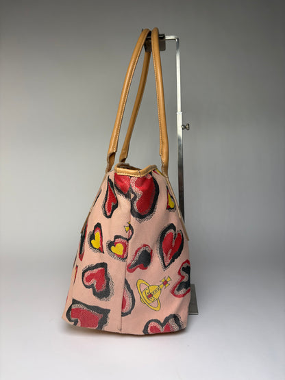 Vintage Vivienne Westwood Heart Print Canvas Tote Pink Red
