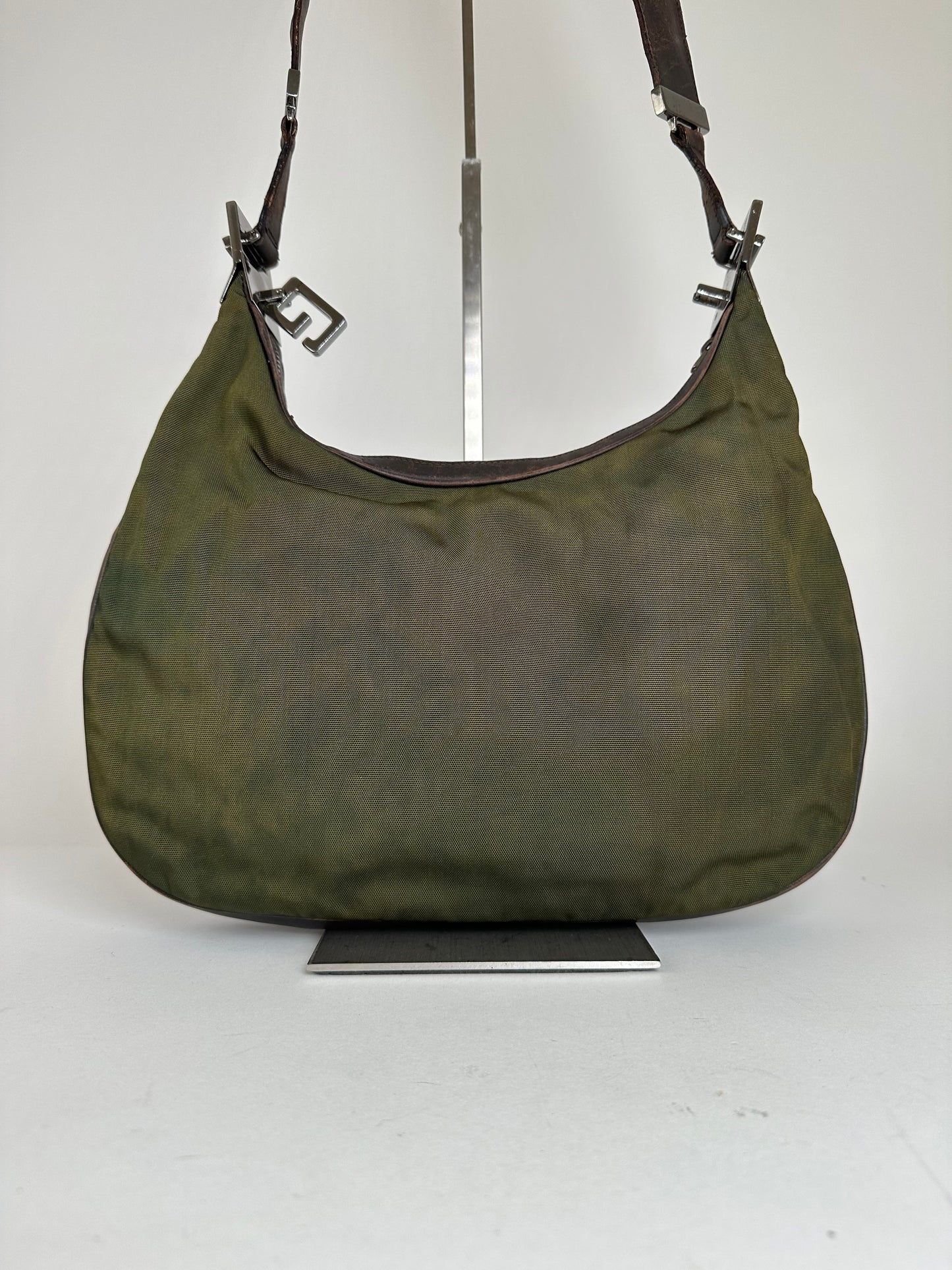 Vintage Gucci Canvas Leather Hobo Shoulder Bag Olive Green Brown