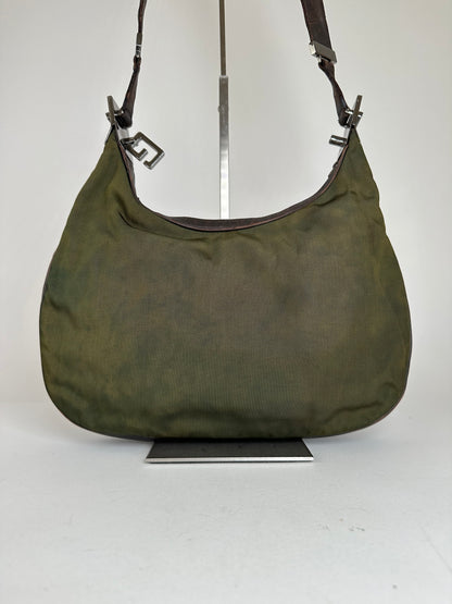 Vintage Gucci Canvas Leather Hobo Shoulder Bag Olive Green Brown