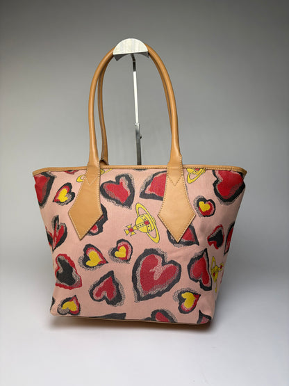 Vintage Vivienne Westwood Heart Print Canvas Tote Pink Red